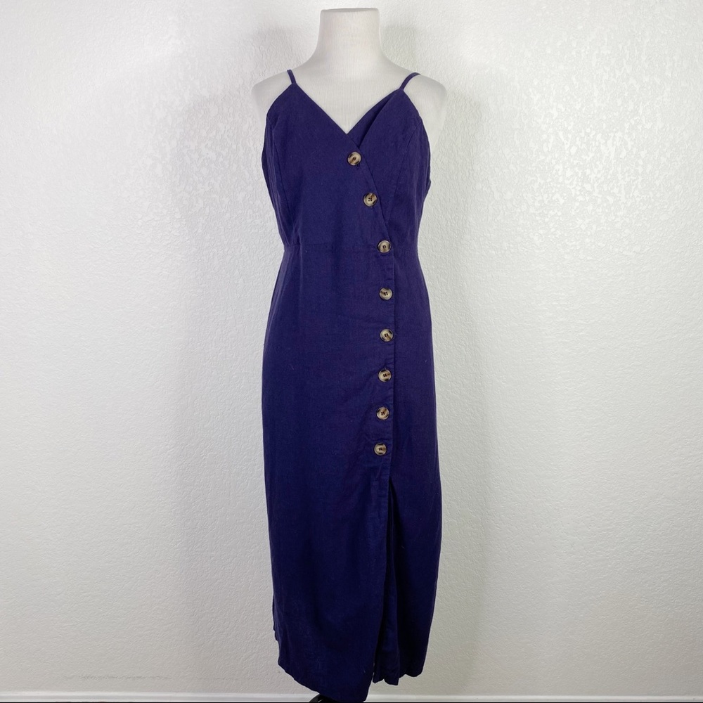 Urban Romantics Blue Linen Blend Button Front Midi Dress